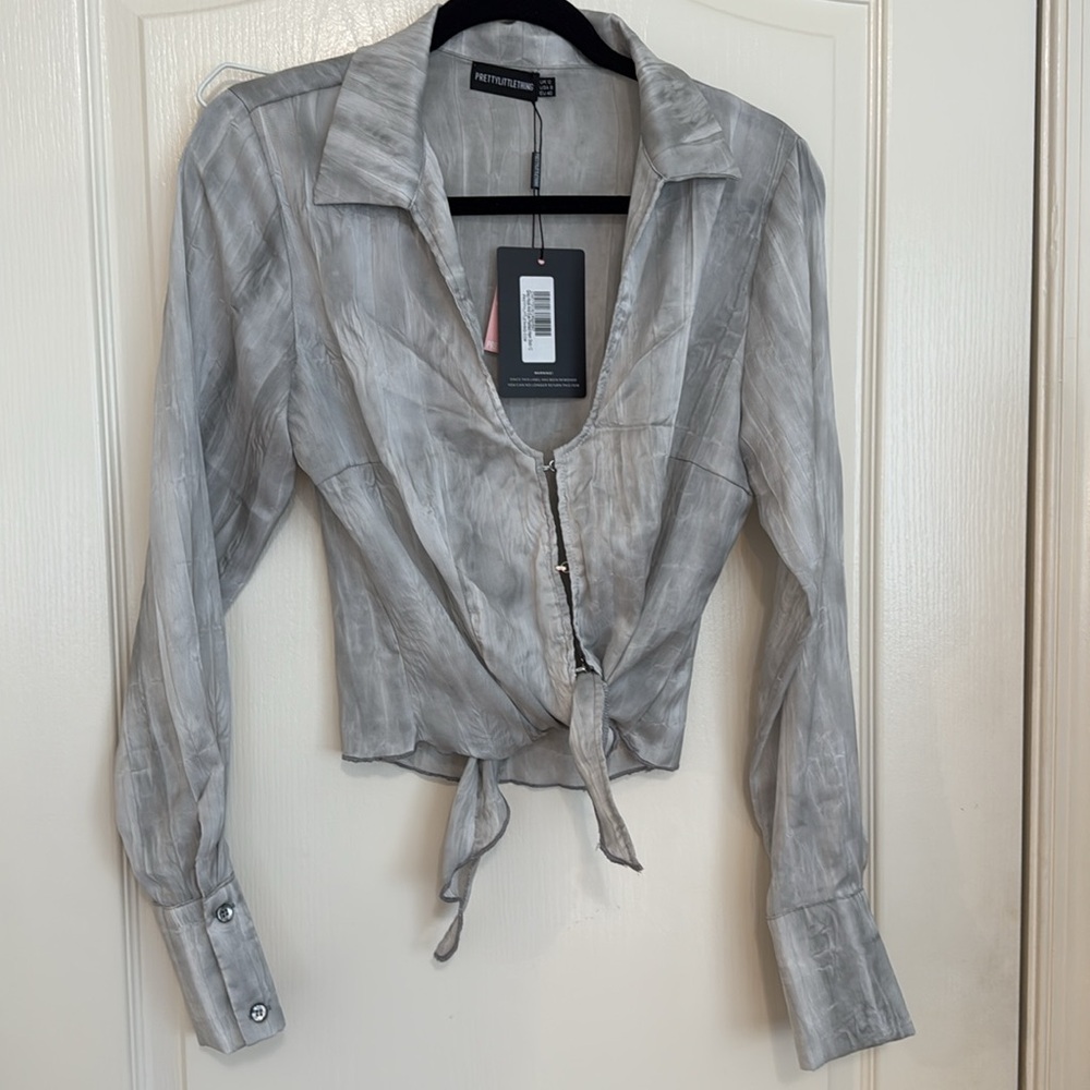 PrettyLittleThing Light Gray Tie-Front Shirt - Picture 8 of 8